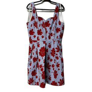 DRAPER JAMES Blue/White Seersucker Red Floral Sweetheart Neckline, Sz 12